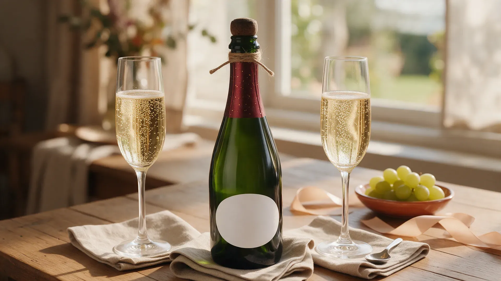 Two flutes of cava beside a bottle