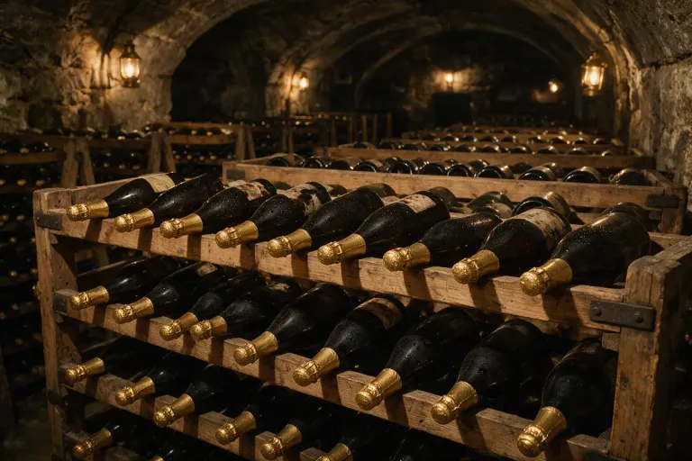 Sparkling wine bottles in riddling racks