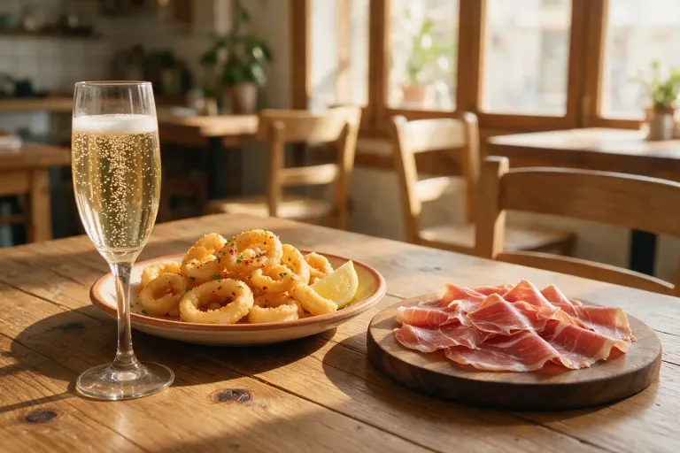 Cava with fried seafood and jamón