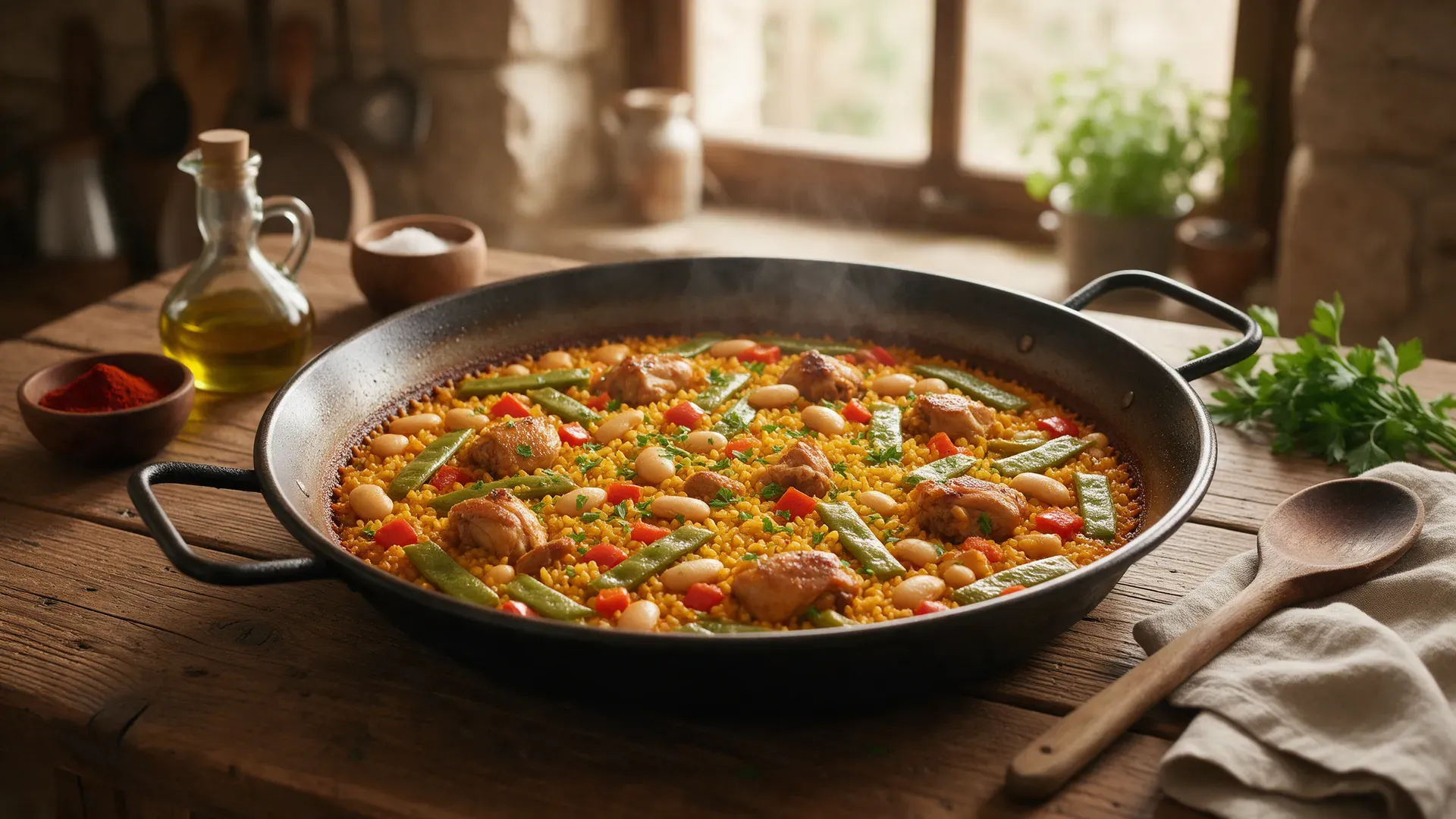 A traditional paella valenciana in a wide pan