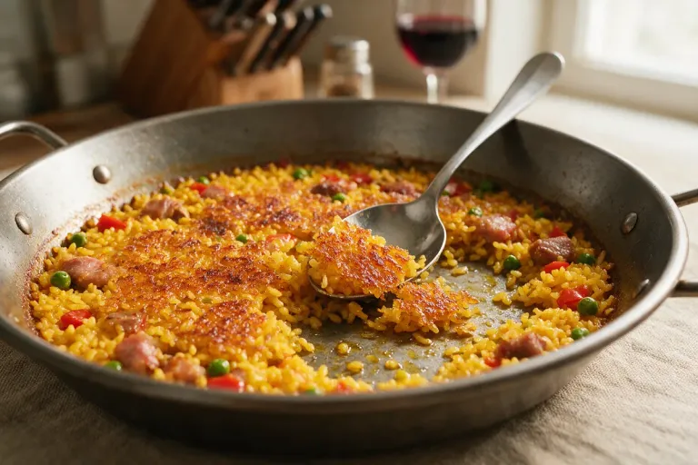 The socarrat crust at the bottom of a paella pan