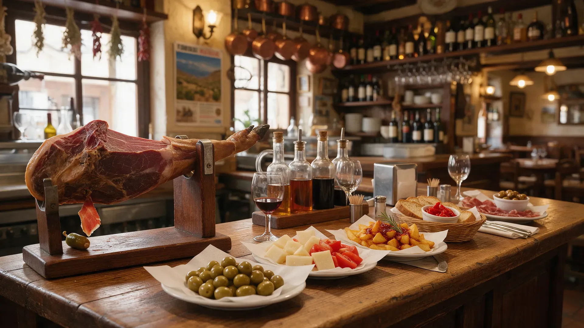 A Spanish tavern counter with tapas and sherry