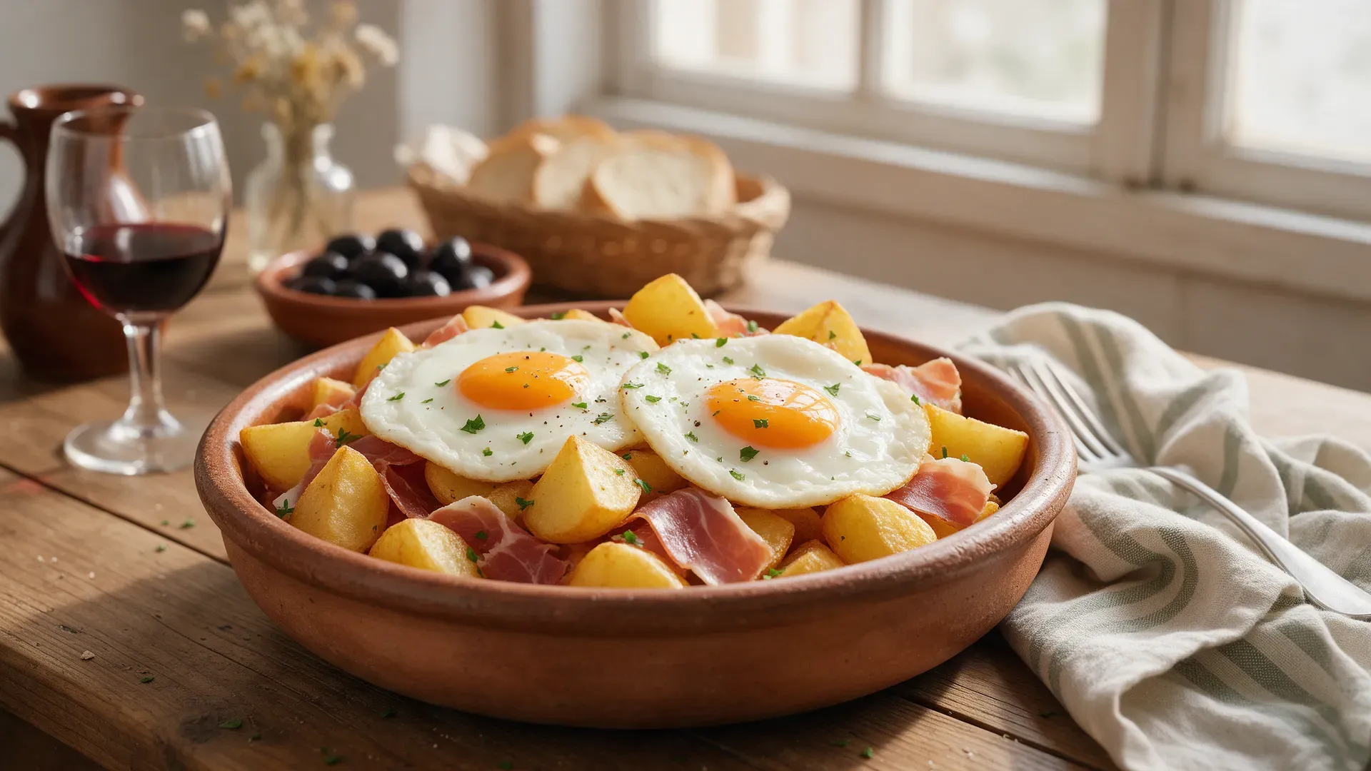Fried eggs with runny yolks over fried potatoes and thin slices of cured ham in a clay dish