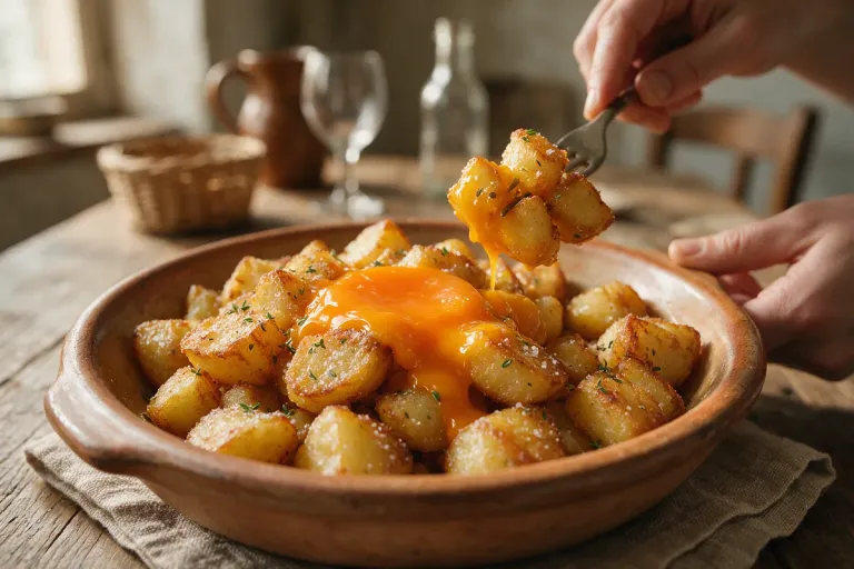 A fork lifting fried potatoes coated in egg yolk from a shared clay dish