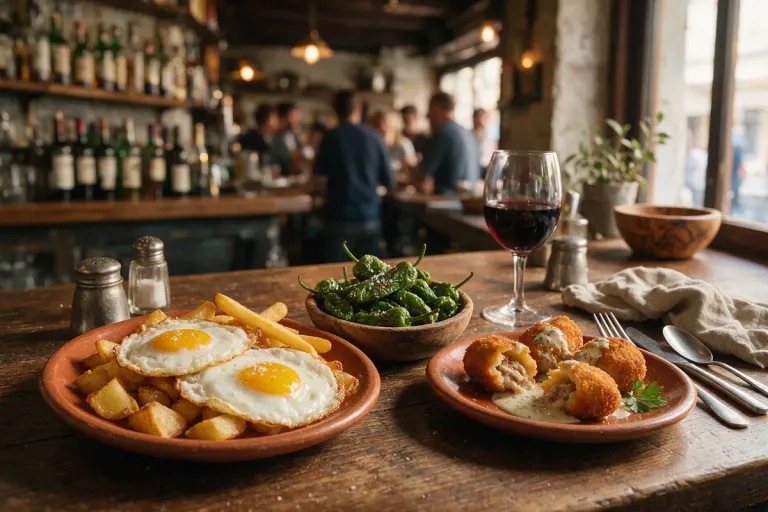A small tapas spread with fried eggs over potatoes, green peppers and croquettes