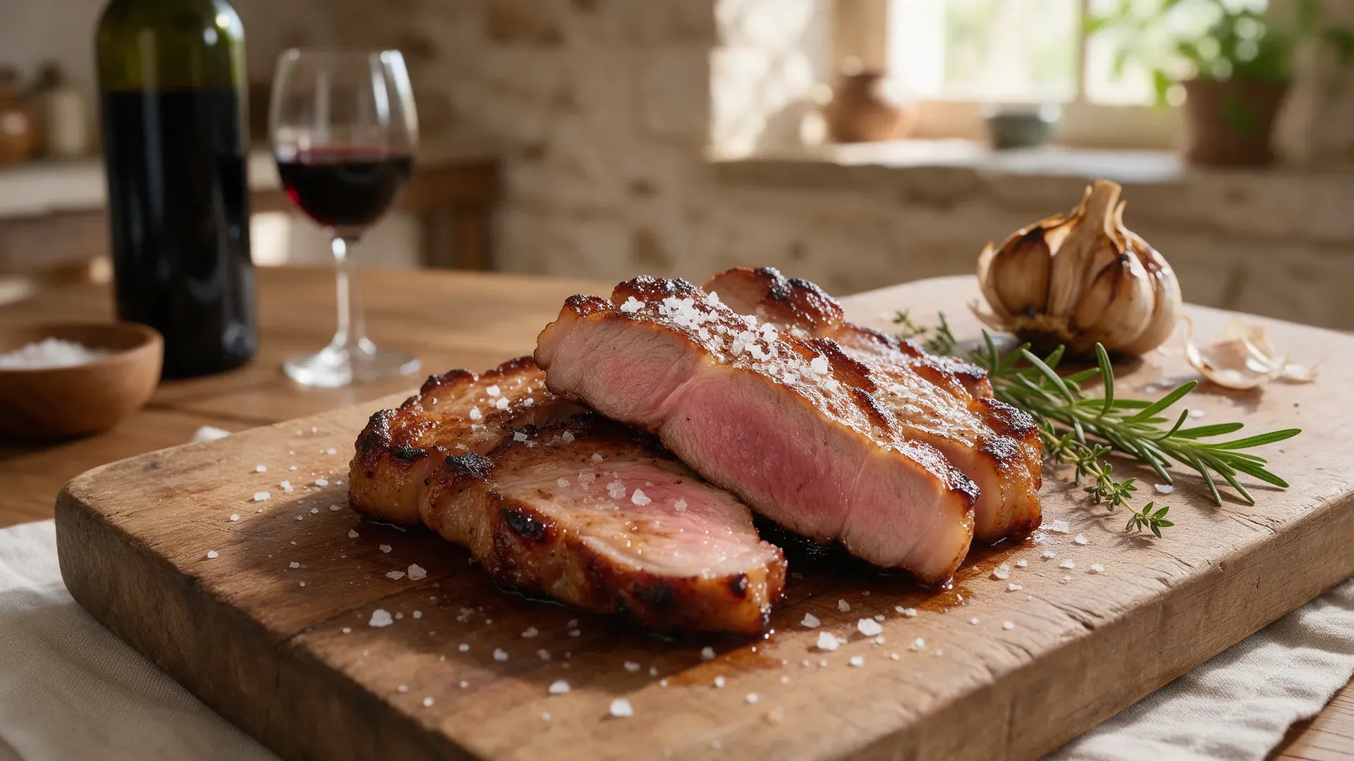 Sliced grilled pork with a pink centre on a wooden board, sprinkled with flaky salt