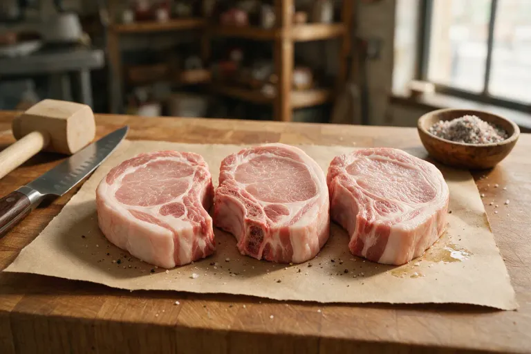 Three raw thick-cut pieces of pork on butcher paper on a wooden counter