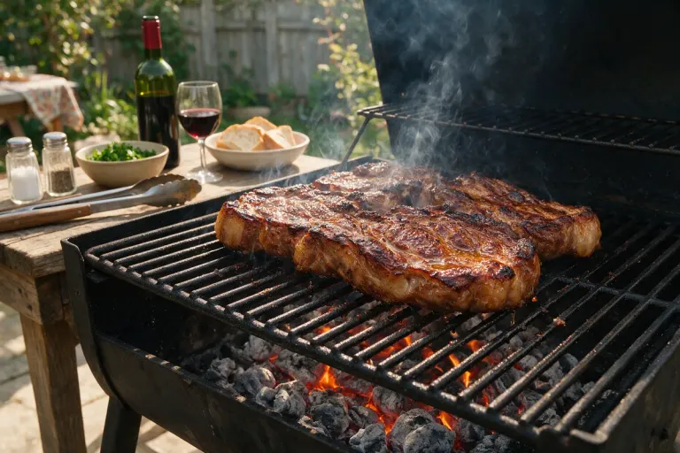 A large piece of pork searing on a charcoal grill with glowing embers underneath
