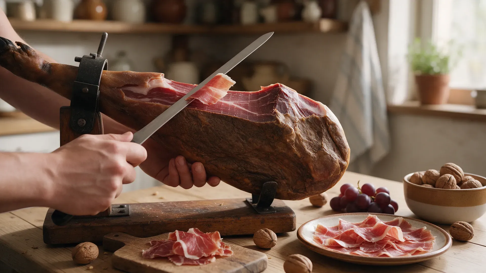 Jamón ibérico being carved by hand