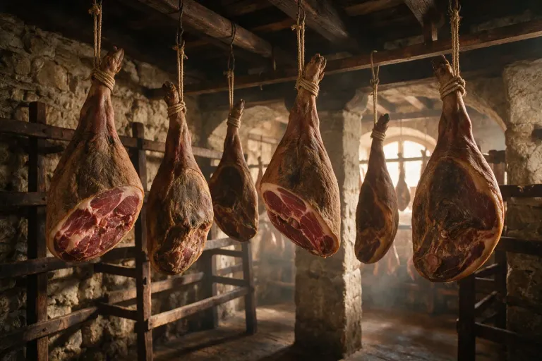 Ham legs hanging in a curing cellar