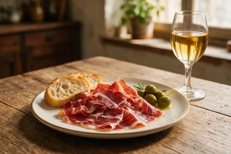 Jamón ibérico with bread, olives and a glass of fino