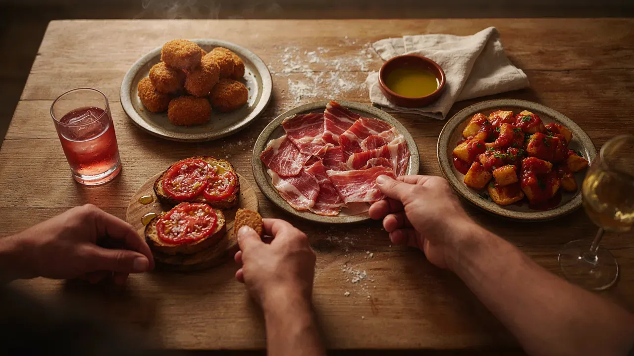 Hands reaching for tapas on a wooden table: croquetas, sliced ham, pan con tomate and patatas bravas