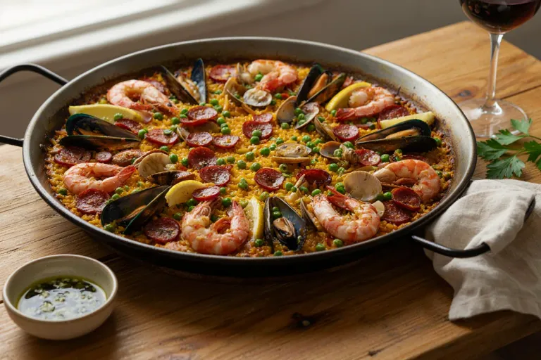 A seafood paella with prawns, mussels and lemon in a wide pan on a wooden table