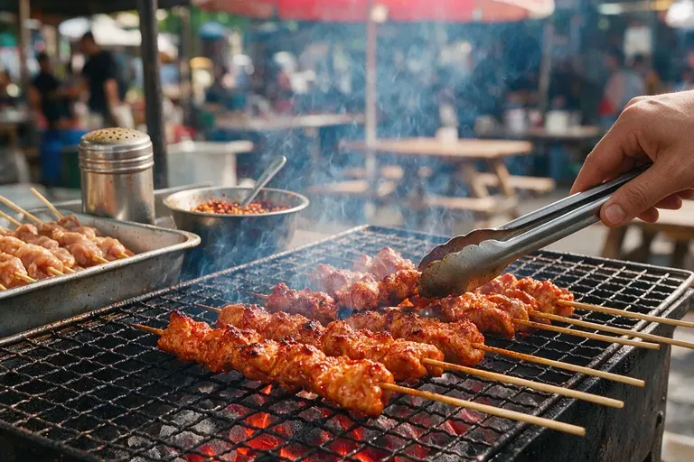 Grilled pork skewers over glowing charcoal, with tongs turning one of them