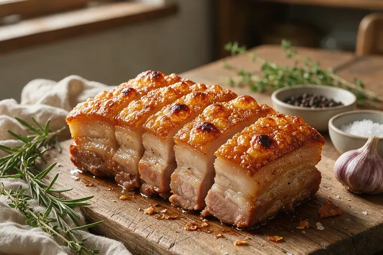 A thick slab of pork belly with crisp blistered skin, sliced into pieces on a board