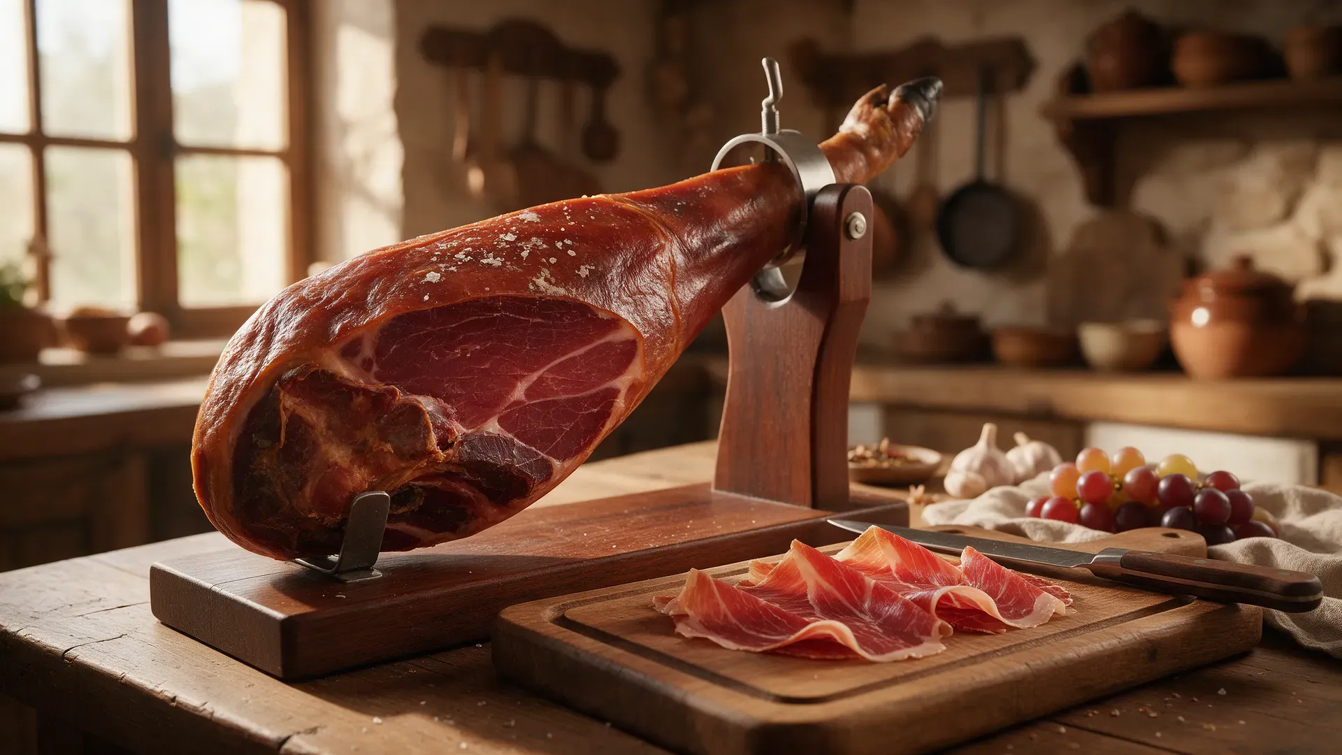 A cured ham leg on a carving stand with thin slices
