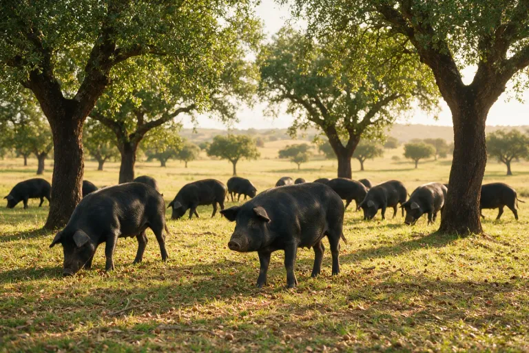 Iberian pigs among oak trees in a dehesa