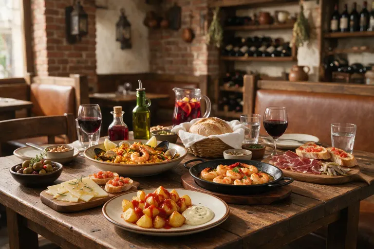 Illustration: a spread of Spanish tapas and small plates on a wooden table