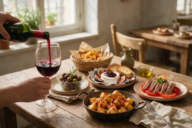 Illustration: hands pouring red wine into a glass beside plates of tapas
