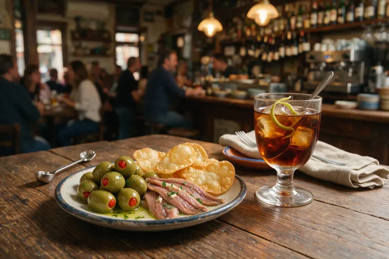 A small plate of olives, anchovies and crisps next to a glass of vermouth on ice