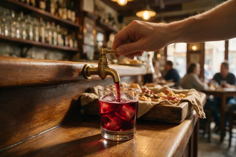 A bartender pouring red vermouth from a tap into a glass over ice