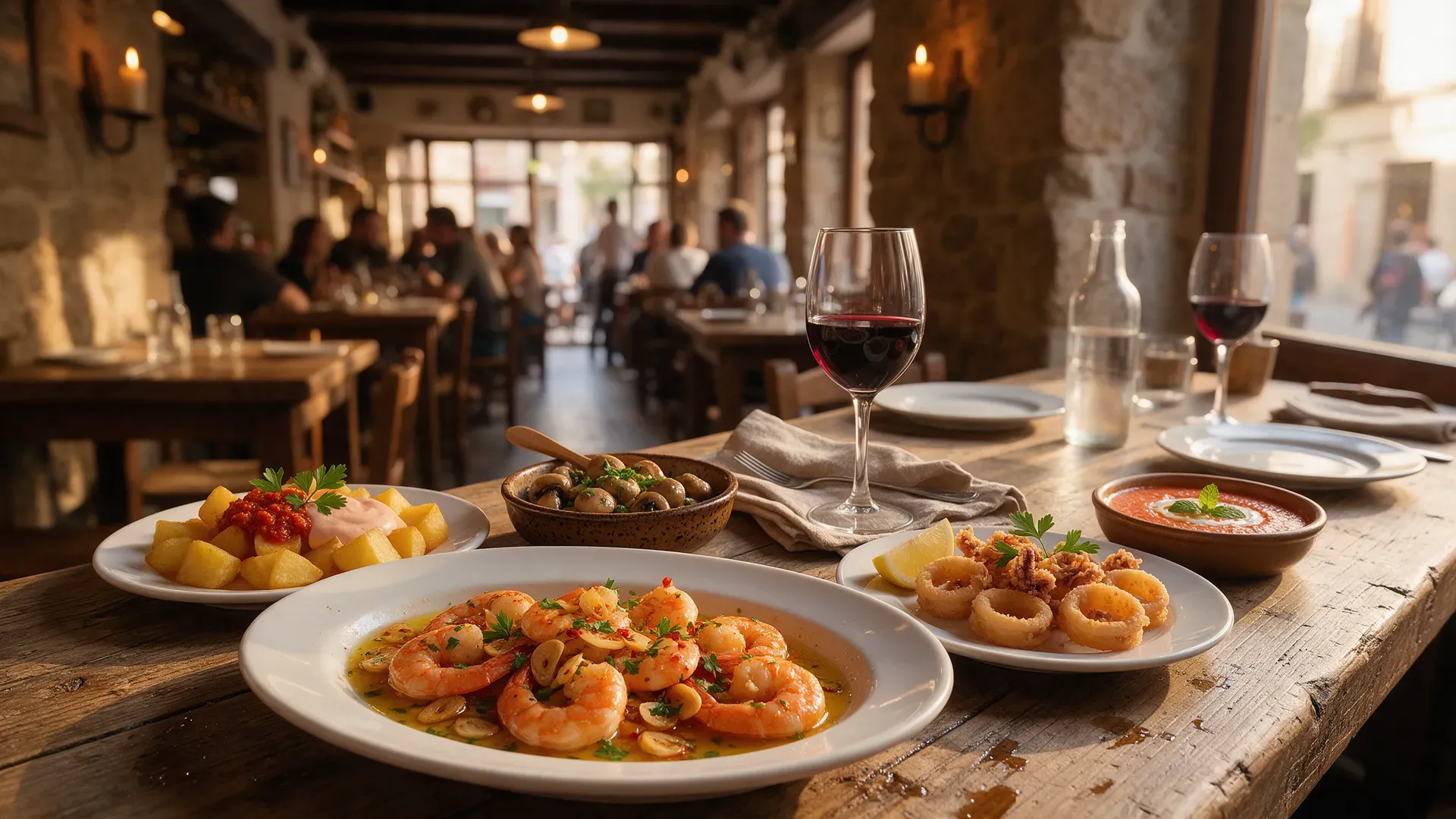 Spanish tapas plates on a wooden table in warm evening light (illustration)