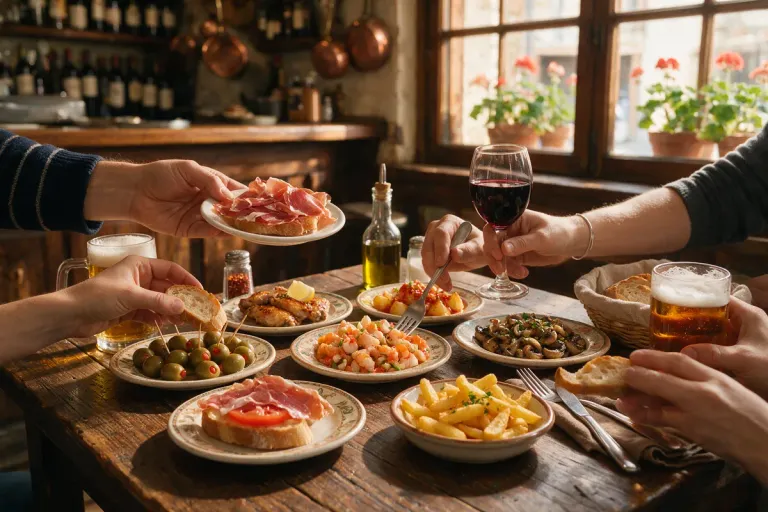 Small plates of Spanish tapas being shared, hands only, faces not visible (illustration)