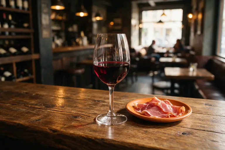 A glass of red wine and a small plate of cured ham on a bar counter (illustration)