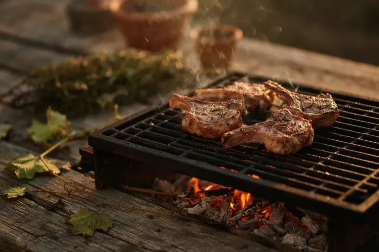 Small lamb chops grilling on a rack over a wood fire