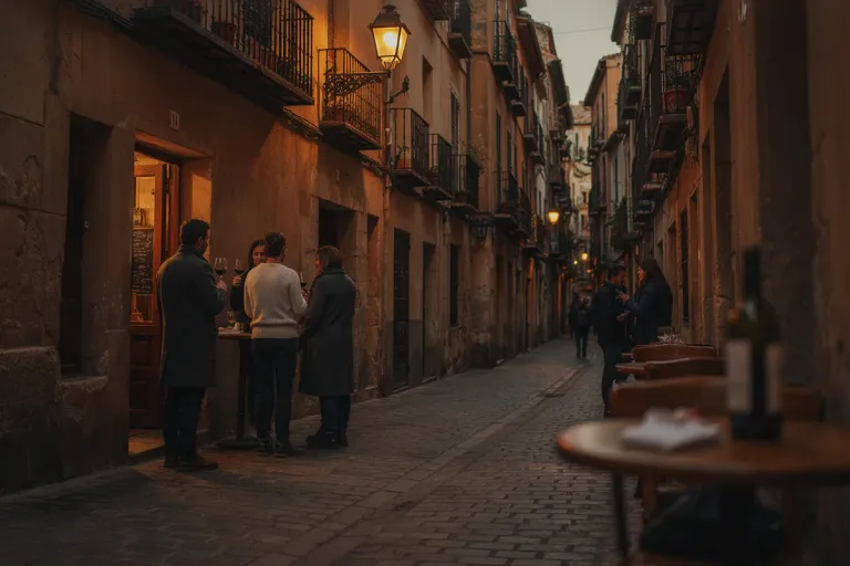 A narrow old-town street in the evening with people standing outside a small bar