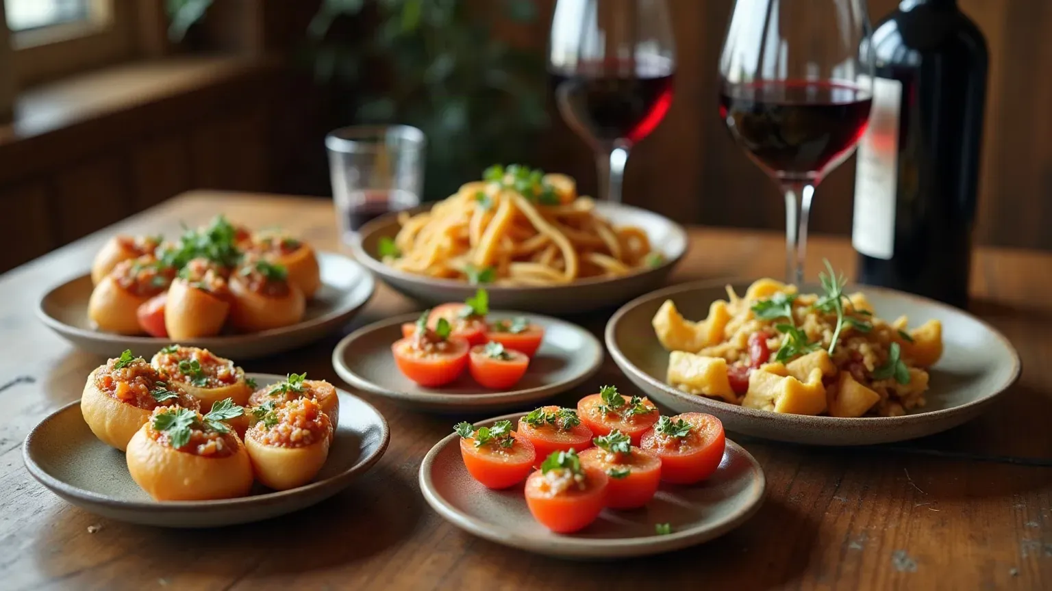 Several small Spanish sharing plates on a wooden table with glasses of red wine