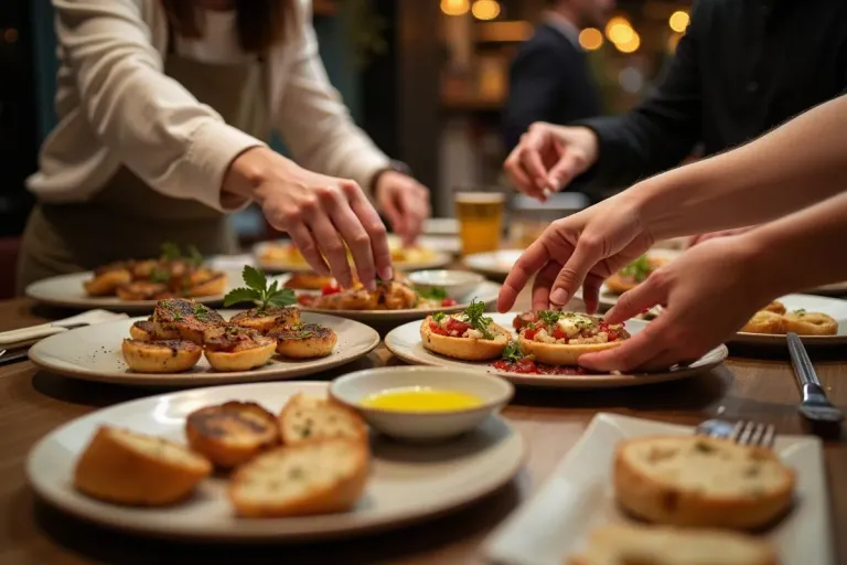 Hands reaching for tapas plates on a shared table, with bread and olive oil