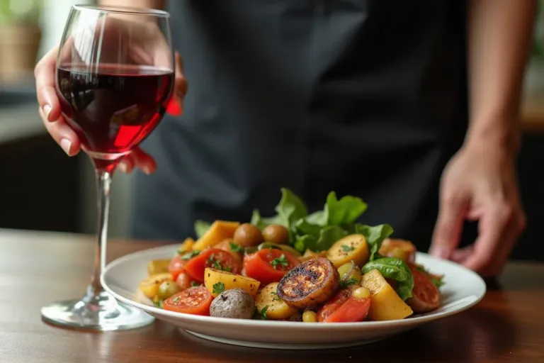A glass of red wine being poured next to a plate of grilled vegetables