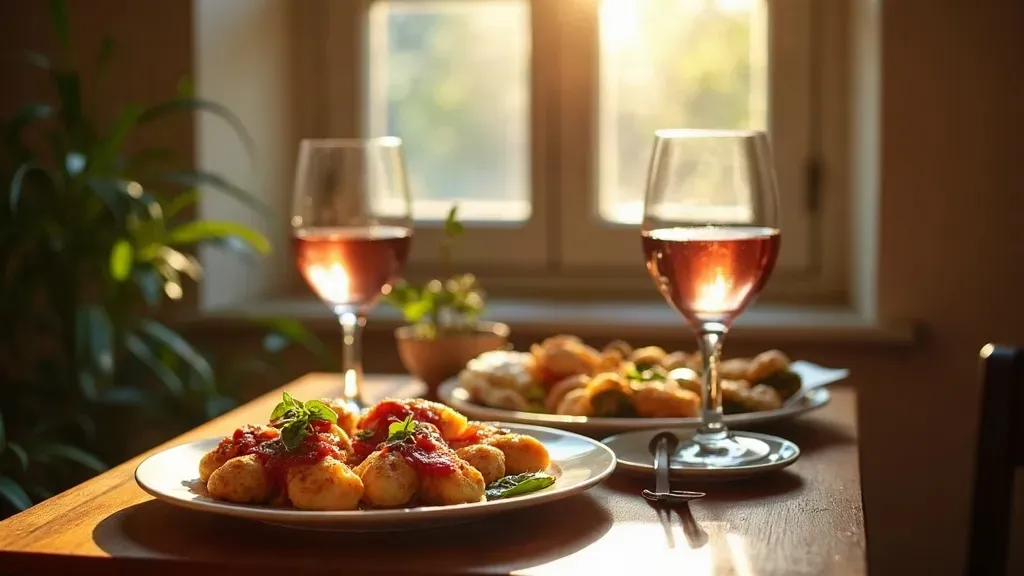 Spanish tapas and glasses of wine on a small table by a sunny window