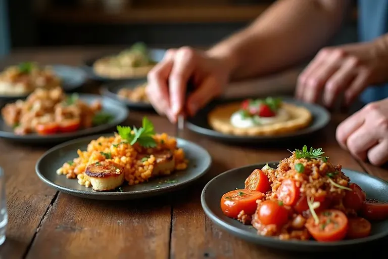 Several small Spanish tapas plates shared on a wooden table