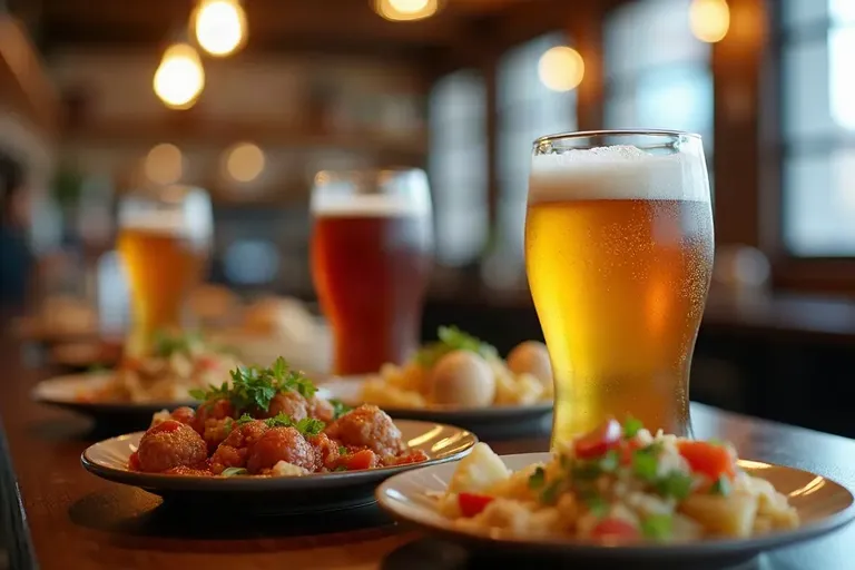 Glasses of cold beer and small tapas plates on a bar counter