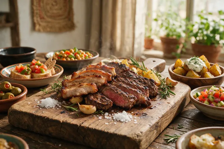 Slices of grilled pork and beef on a board with coarse salt, next to small tapas dishes