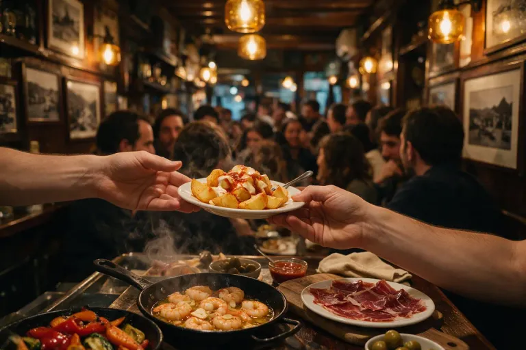 A busy narrow tapas bar at night seen from the counter, hands passing small plates