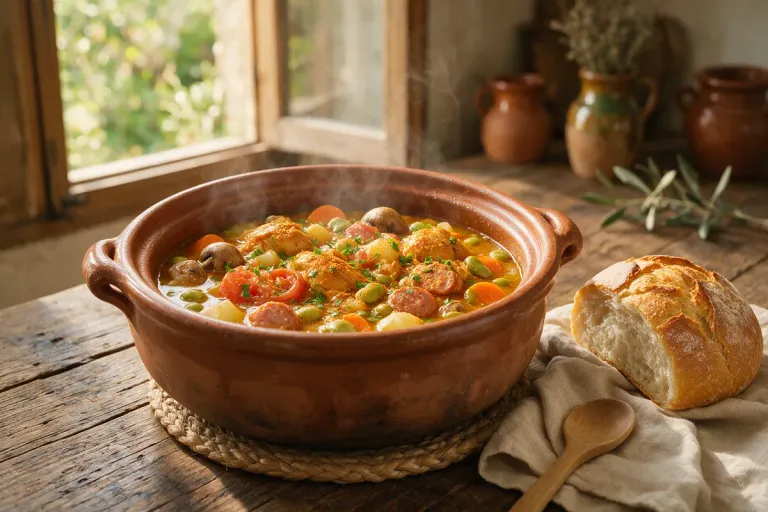 A slow-cooked stew in a terracotta dish on a wooden table with bread beside it