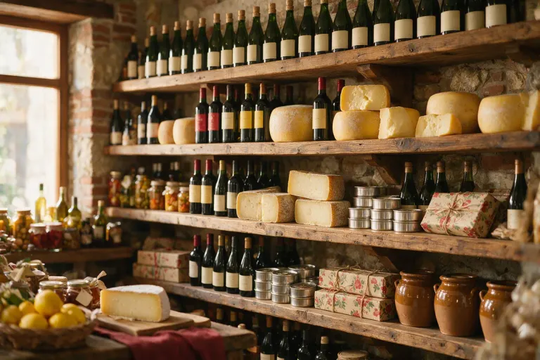 Shelves of wine bottles, cheeses and tins in a small delicatessen corner