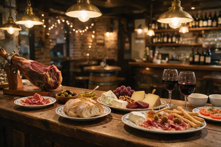 Illustration: a tapas counter with small plates of ham, cheese and bread under warm lights