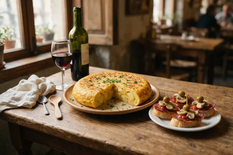 Illustration: a Spanish tortilla and a small plate of pintxos on a wooden table