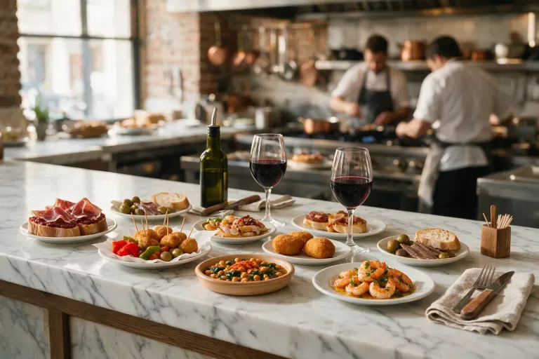 Small plates of tapas lined up along a marble bar with chefs working behind it