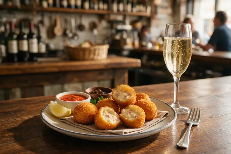 A plate of Spanish croquetas and a glass of cava on a bar counter