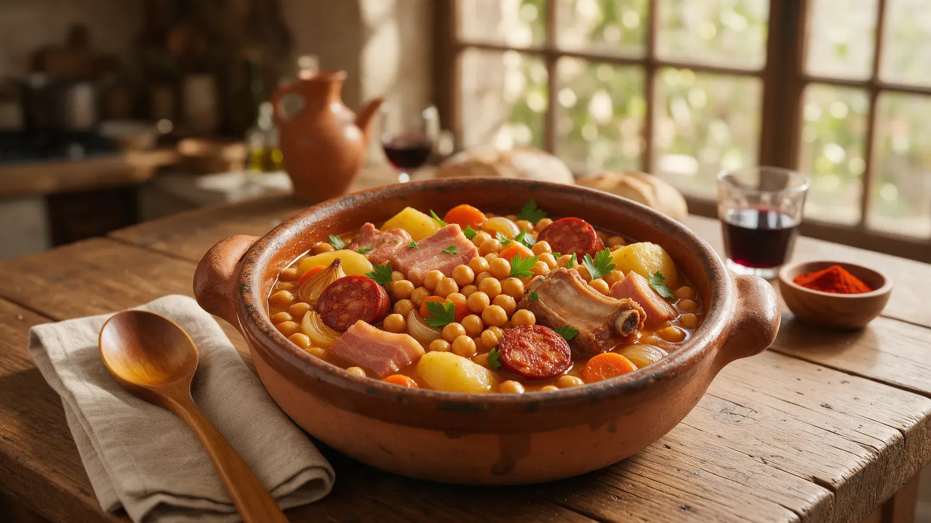 Illustration: a clay pot of chickpea stew with meats and vegetables on a rustic table