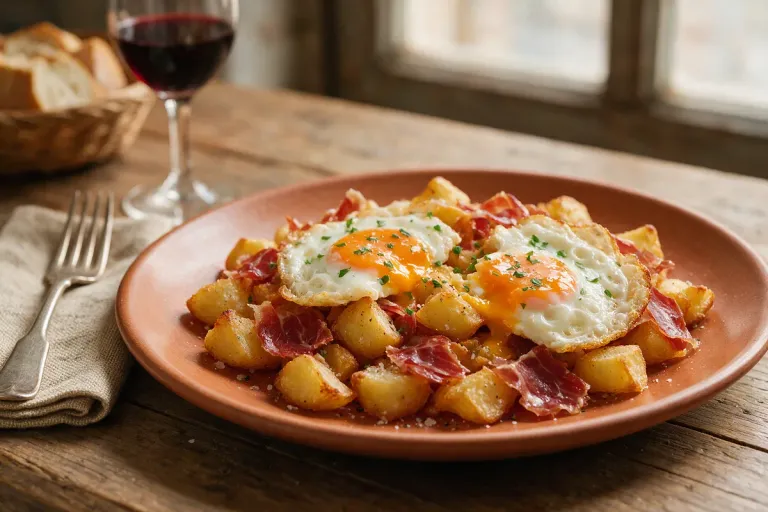 Illustration: fried eggs broken over a plate of fried potatoes with slices of cured ham