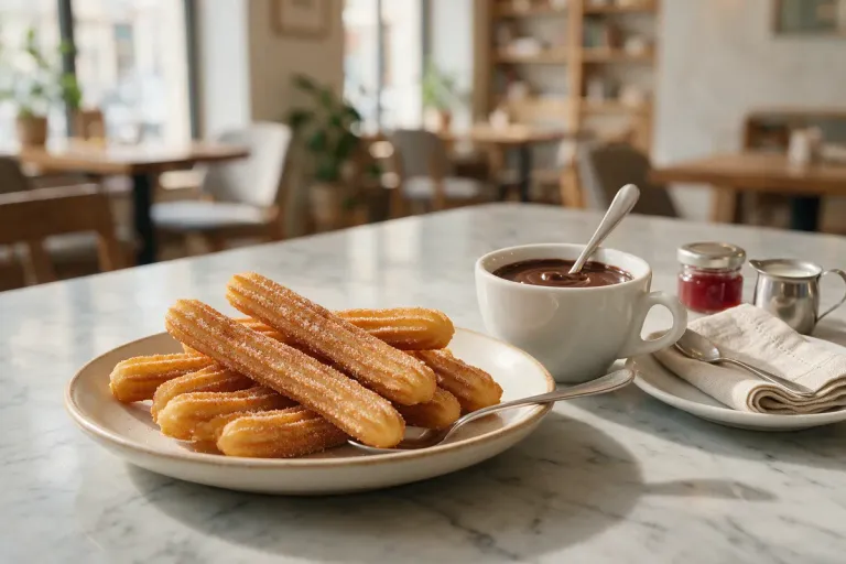 Illustration: churros on a plate beside a cup of thick hot chocolate