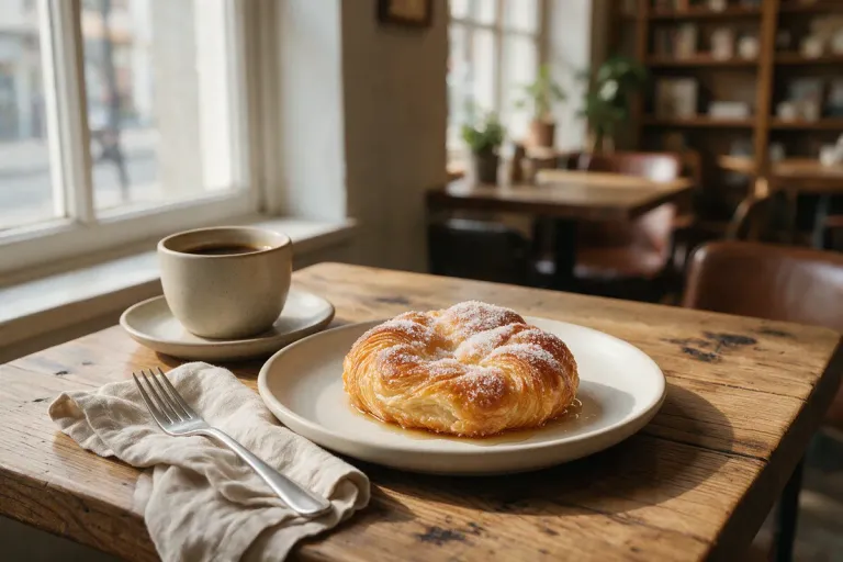 A breakfast plate with a coffee and a sugar-dusted pastry on a café table