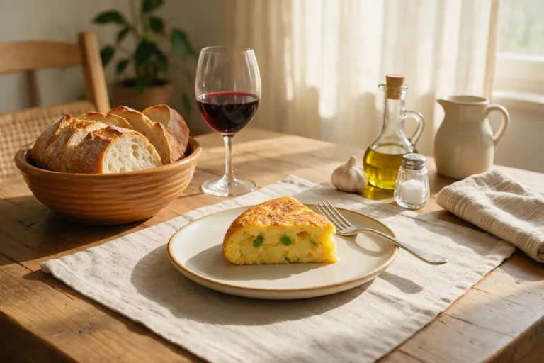 A lunch table with a Spanish omelette, bread and a glass of wine