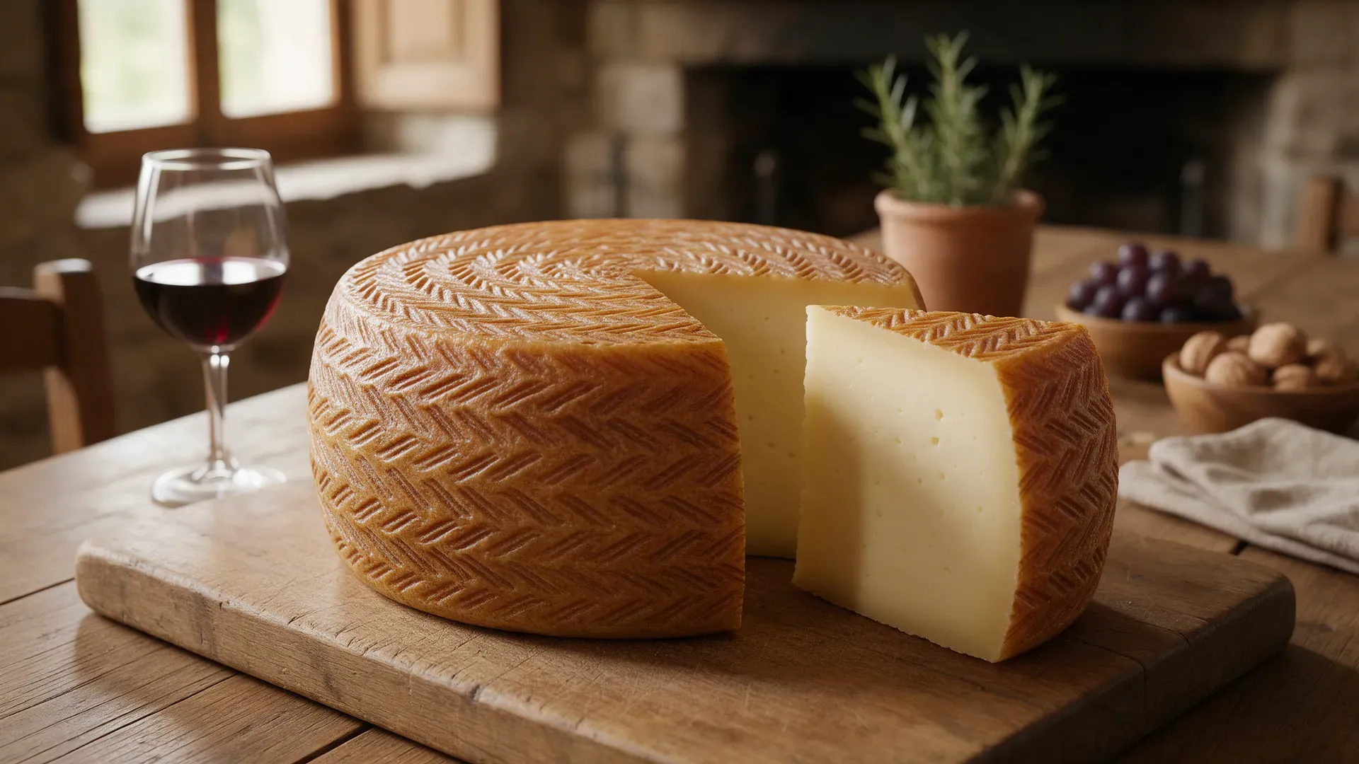 A wheel of sheep's milk cheese with a zigzag-patterned rind, one wedge cut away